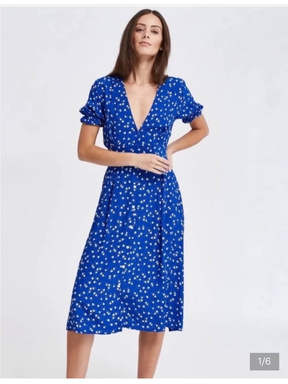Faithfull thr Brand Blue Floral Midi Dress with Tie Waist